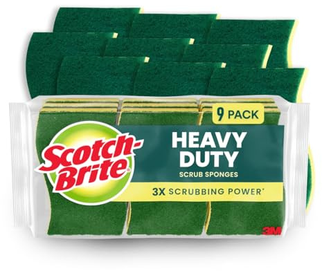Scotch-Brite Heavy Duty Scrub Sponge, 9 Kitchen Sponges Designed for Tough Messes in the Kitchen that Last 3X Longer*, Best for Cast Iron Skillets and Outdoor Grills, Flexible, Durable, and Strong