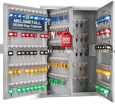 Melsmetall Schlüsselkasten SD300 – Schlüsselschrank mit 300 Haken | Schlüsselbox aus Stahl, abschließbarer Safe, magnetische Außenseite, höhenverstellbare Leisten, Wandmontage (55x38x20cm)