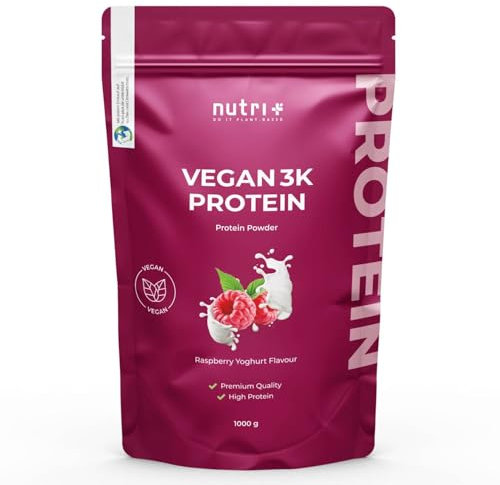 nutri+ Proteine in Polvere vegan Yogurt Lampone 1kg - 80% di Proteine - 3k Protein Powder - Miscela proteica 1000g senza Latte Lattosio e Glutine - vegano