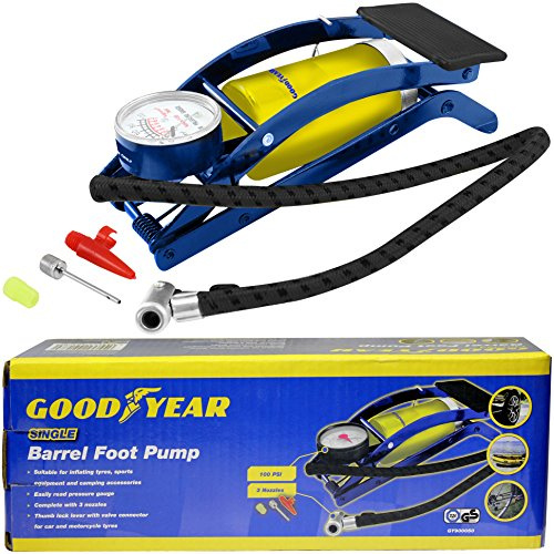 Goodyear Heavy Duty Single Barrel Foot Pump for Camping| Suitable for inflating tyres, sports equipment, camping accessories|Easily read pressure gauge|Thumb lock lever with valve connector