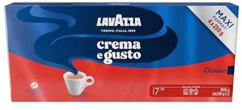Lavazza, Crema e Gusto Classico, Café Molido Natural, 4 x 250 g, para Cafetera Italiana, de Filtro y Francesa, con Notas de Especias, Arábica y Robusta, Intensidad 7, Tueste Oscuro, Amazon Exclusive