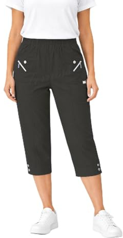 Femiss Pantaloni Capri da Donna, Elasticizzati, Tira Su, Corti, a 3/4, Morbidi, Estivi, a Tre Quarti, Pantaloni Plus Size, Nero , 54