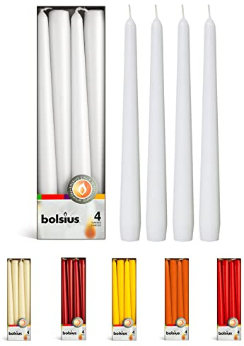 BOLSIUS White Taper Candles - 4 Pack Unscented 10 Inch Dinner Candle Set - 8 Hours Burn Time - Premium European Quality - Smokeless and Dripless Household, Wedding, Party, and Home Decor Candlesticks