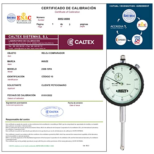Reloj Comparador analógico INSIZE 2308-10FA - Reloj Comparador Calibrado ENAC - Incluye Certificado de Calibración Acreditado