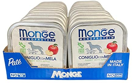 Monge Monoprotein Cibo umido per Cane Coniglio con Mela, naturalmente senza coloranti, conservanti e zuccheri aggiunti. Confezione da 24 vaschette (1 = 150gr.)