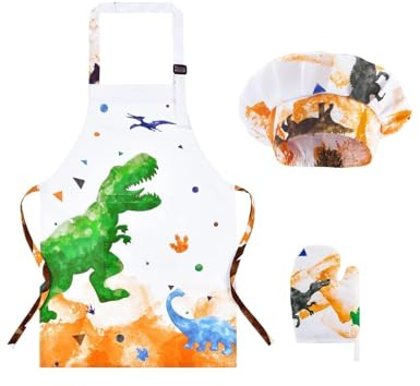 WERNNSAI Kochschürze Set – Dinosaurier Wasserdichte Malschürze Kinder für Jungen Lätzchen mit Verstellbarer Riementasche Kochmütze und Fäustlingen für Backmalparty (Extra Klein, 2-5 Jahre)