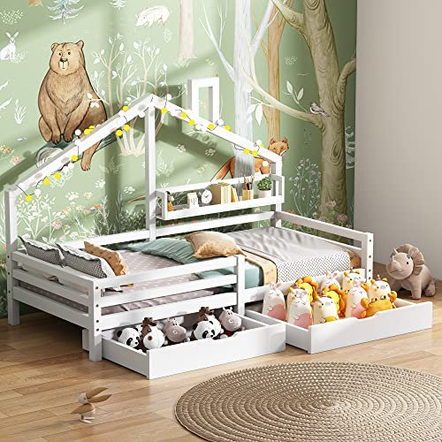 Mingfuxin Hausbett Kinderbetten Jugendbett 200x90 vielseitiges Holz Kinderbett Für Jungen & Mädchen mit Ablageregal und Zwei großen Schubladen