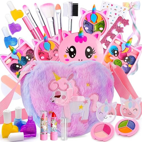 Lubibi Einhorn Kinderschminke Set Mädchen mit Schminkkoffer,21 PCS Waschbares Safe Make up Spielzeug,Schminkset Spielzeug,Einhorn Plüschtasche,Geburtstag Weihnachten Party Geschenke für Kinder