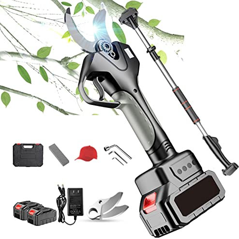 Tijeras de Podar Eléctricas Profesionales Sin Cable de 40mm con Pértiga de Extensión, con Motor Sin Escobillas, 2 Baterías de Litio, Pantalla LCD de Alimentación, para Jardineria, Huerto, Olivos