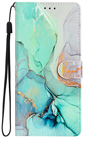 MOTIKO Case Fit for iPhone 13 Wallet Case | Fashion Painted PU Leather Case | Magnet Kickstand Card Slots Flip Case with Wrist Strap | Green marble