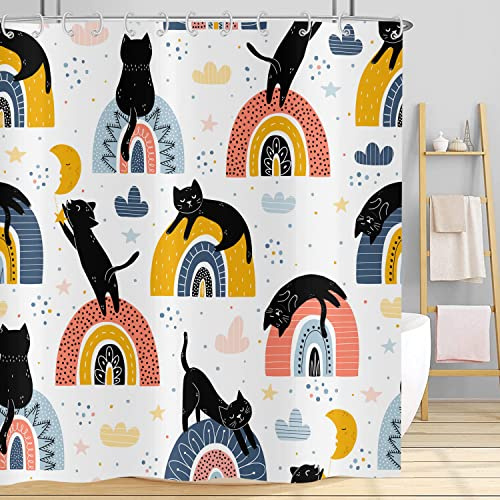 Hnmdmyi Duschvorhang Lustige Katze 180x200, Mid Century Fantasy Regenbögen und Schwarze Katzen Badewanne Vorhang Moderne Neutrale Abstrakte Wasserdicht Polyester Stoff Waschbar Badevorhang mit Haken