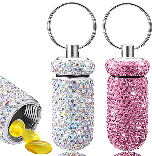 cobee Bling Pillenbehälter, 2 Stück, wasserdichtes Pillenetui tragbare Pillenflasche Kristall Mini Pillenhalter Tasche Pillen Aufbewahrungsbox mit Schlüsselanhänger für Reisen Outdoor Camping