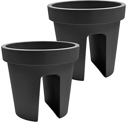 Stephans Möbelbörse 2er Set XL Balkon-Blumenkasten rund 28cm, Geländertopf, Balkonkasten, Blumentopf, Pflanztopf Railing 13L (Schwarz)