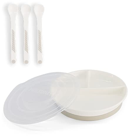 Twistshake Set De Vajilla Para Bebé | Plato Dividido + Cubiertos 3 Cucharas | Sin BPA | Kit De Entrenamiento De Alimentación Para Niños | Blanco