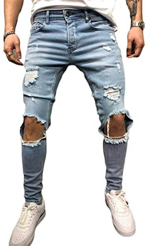 Jeans Déchiré pour Homme Pantalon Denim Slim Fit Jeans Troué Skinny Pantalon Cigare Homme Jeans Déchiré Percé Denim Vintage Délavé Motif Imprimé Casual (Bleu,S,S)