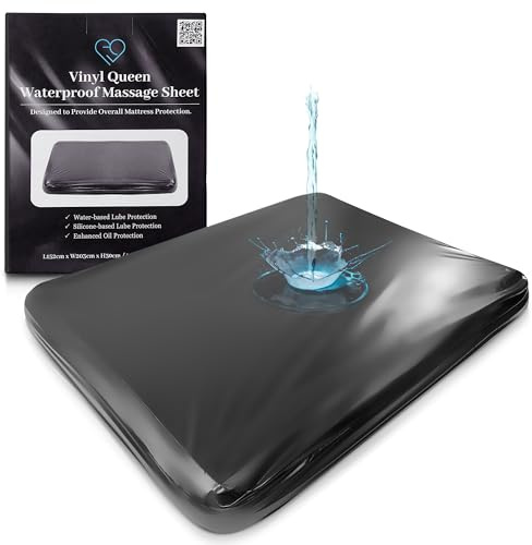 Drap-Housse de Massage imperméable en Vinyle Noir avec Poche latérale | Protège-Matelas, Couvre-lit pour Massage Nuru - Huile, à Base d'eau, sans Silicone | 152 cm x 203 cm + Poche Profonde de 40 cm