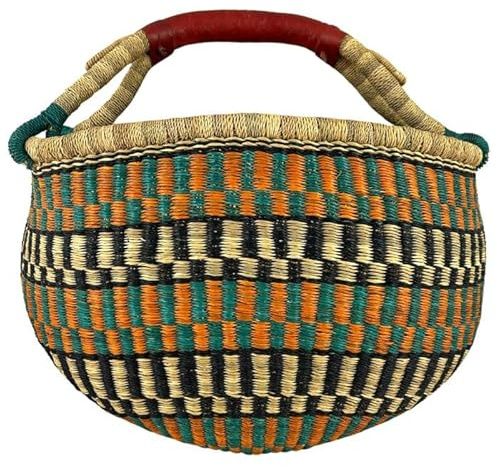 Bolga Korb Afrika - XXL - Das Original aus Ghana - Bunt - Fair Trade - Rund - Viele Farben - Afrikanischer Graskorb mit Ledergriff - Flechtkorb 30-40 cm - Rundkorb mit Wunschdesign (Takoradi)