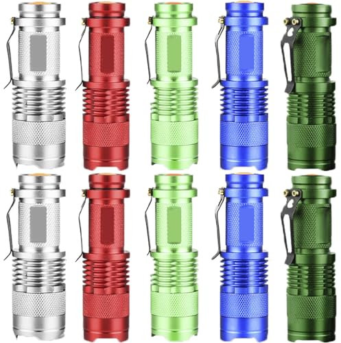 MODOAO Lot de 10 mini lampes de poche tactiques LED de couleurs mélangées - Zoom télescopique - 3 modes d'éclairage pour les urgences, le camping, la randonnée