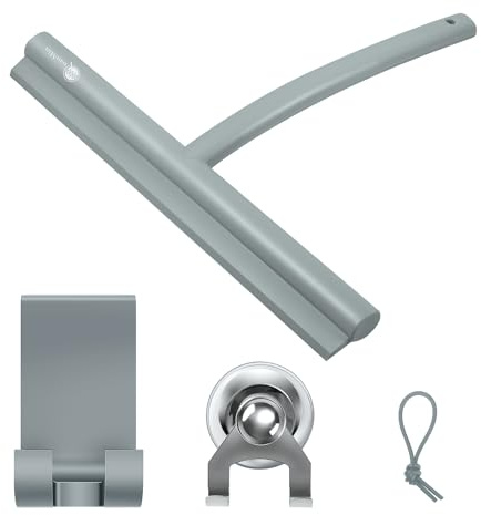 Quanmin 9 Inch Stainless Steel Core Silicone Shower Squeegee with Suction Cup & Hook Streak-Free Wiper for Glass Doors Shower Walls Mirrors Windows Bathroom Cleaning (Grey)