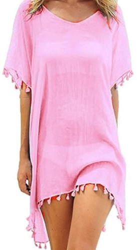 Chiffong strandkläder kvinnor strand bikini täcka upp tofs strandklänning v-hals badkläder sommar vardaglig baddräkt, Rosa, one size