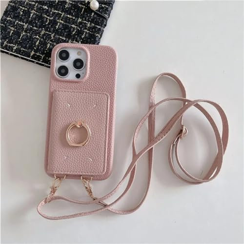 SMIEK Crossbody-Lanyard-Leder-Handyhülle für iPhone 15 14 Plus 13 12 Mini 11 Pro Max Ring-Geldbörse mit Kartenhalter Stoßfeste Hülle, Pink, Für iPhone 12 Pro