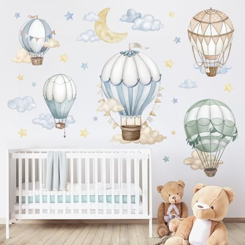 wondever Adesivi Murali Bambini Mongolfiera Grande Sticker da Muro Acquerello Stelle e Nuvole Palloncini Adesivi da Parete per Asilo Nido Camerette Bambini
