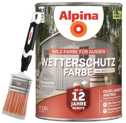 Alpina Holz-Wetterschutz-Farben inkl. Pinsel 50 mm – Vintagegrau, halbdeckend, seidenmatt – bis zu 12 Jahre Schutz vor Witterung und Nässe – schmutzabweisend, deckend & ergiebig – 2,5 L