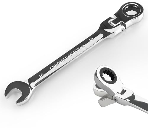 Egofine Llave de trinquete de 10 mm, cabeza flexible, llave combinada de trinquete métrica, llave de engranaje de grado industrial con extremo de caja de 12 puntos, trinquete de 72 dientes, acero al