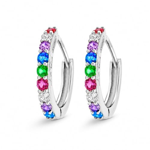 Par de Pendientes de Aro Multicolor con strass en plata 925 rodiada - Colección Hoops, 9mm, Plata de ley, Circonia cúbica