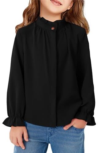 Haloumoning Blusas de manga larga con volantes para niñas, con cuello alto y botones, lindas camisetas con volantes