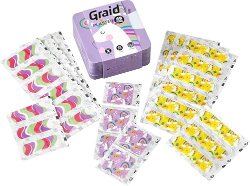 Graid Unicorn Print Plaster Tin, Assorted Sterile Children's Plasters Pack of 48 - Three Colourful Unicorn Theme Print Plasters for Kids