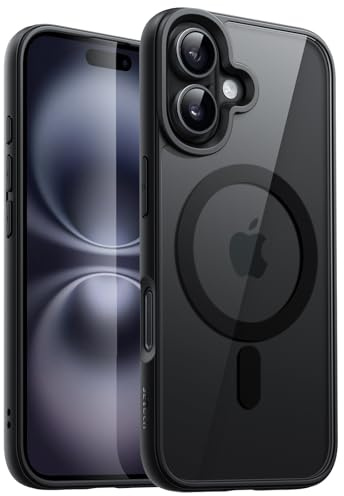 JETech Magnetische Hülle für iPhone 16, Schwarz | Kompatibel mit MagSafe, Einfarbig Matte TPU Rahmen, Transparente Rückseite, Stoßschutzrahmen