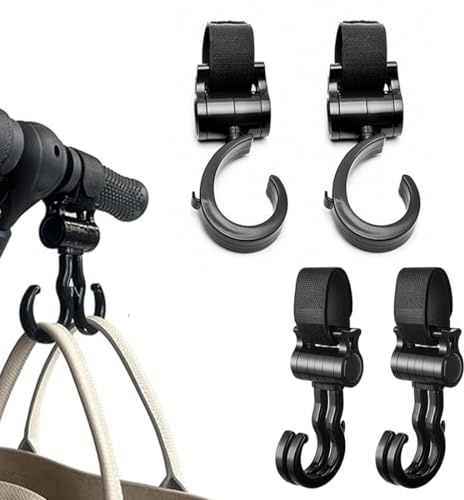 LAKJUOZ 4 Pezzi Ganci Passeggino, Ganci Passeggino Universali Leggero Rotanti Appendi, Multiuso Gancio Clip Con Chiusura Regolabile, Ganci Appendere Per La Spesa Borse Pannolini Borsette (Nero)
