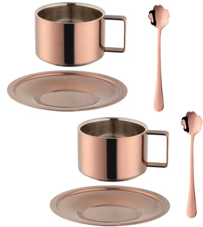 TEAHAHA Stainless Steel Espresso Cups Set of 2, with Saucers & Spoons Set,Double Walled Insulated Coffee Mugs ，Metal Latte Cup for Home or Outdoor (Rose Gold)