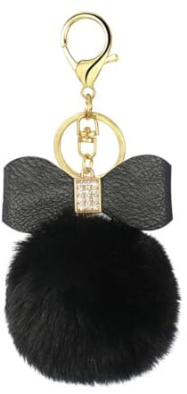 TangDao Elegante Schlüsselanhänger mit Kunstfell Pompon und Schleifen - Perfektes Auto- und Taschenaccessoire (Schwarz)