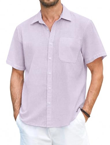 HISDERN linneskjorta herr kortärmad skjorta fritidsskjorta affärsskjorta sommarskjorta med bröstficka casual skjortor normal passform S–4XL, violett, XXL