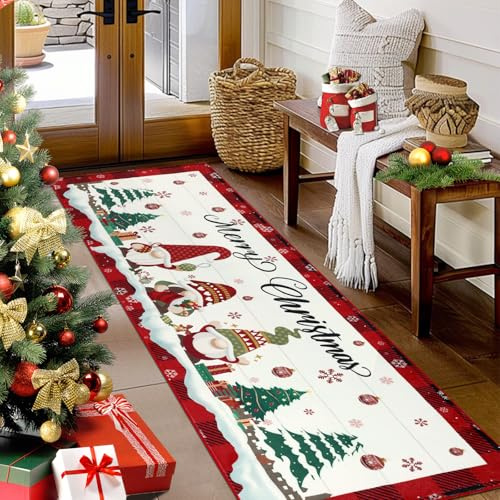TUKDAK Weihnachtsteppich rutschfest 60x180cm, Weihnachten Teppich Läufer fürs Flur, Waschbar Kurzflor Teppichläufer Küchenteppich Küchenläufer, Boden Teppich Runner für Flur Entryway Wäsche Daneben