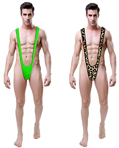 Perizoma Mankini Borat Costume da bagno Uomo Sexy Suspensorio V Sling Costume da bagno Costume da festa Bikini String per Uomini Beachkini Spiaggia Natale Halloween 2 Pack Verde + Leopardo, 2 Pack A (