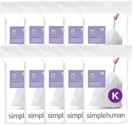 simplehuman Code K 200 Count, Genuine Custom Fit Liners, Drawstring Trash Bags in Dispenser Packs, 35-45 Liter / 9-12 Gallon, White
