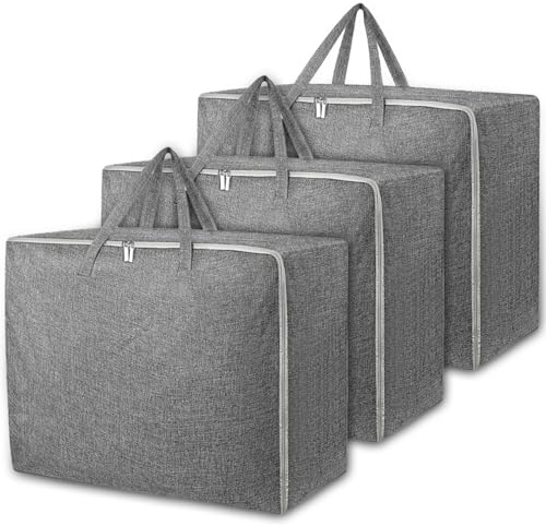JEDWKFA 3 Piezas Bolsas Almacenaje Ropa Grande, Cajas para Guardar Ropa de Cama, Edredones, Almohadas, Mantas - Gris