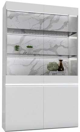 AltoBuy Chris White - Vitrine 4 Portes Laquée Blanc Brillant Fond Imitation Marbre avec LED