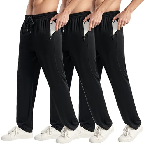 3PC Men's Zipper Mesh Fabric Jogger Pants - Breathable & Flexible Fit, Comfortable for Sports & Casual Wear Black/Black/Black