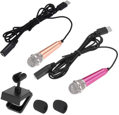 MECCANIXITY 2 mini micrófonos, mini micrófonos pequeños para teléfono tipo C, micrófono pequeño con soporte, cubierta de esponja para grabar voz de teléfono, dorado/rosa intenso