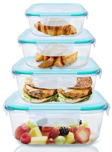HOUSLUX Meal Prep Boxes Glass Containers with Lid, Glass, Dishwasher, Food Storage Containers with Lid, Microwave and Freezer Friendly, Leak-Proof (Olive Green, 320+520+800+1200ml)