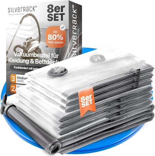 SilverRack Bolsas de vacío XL Jumbo para ropa y edredones [8 unidades] – Incluye bomba de mano y etiquetas en (3 x 50 x 70 cm/3 x 60 x 80 cm/2 x 80 x 100 cm) – Bolsas de envasado al vacío para