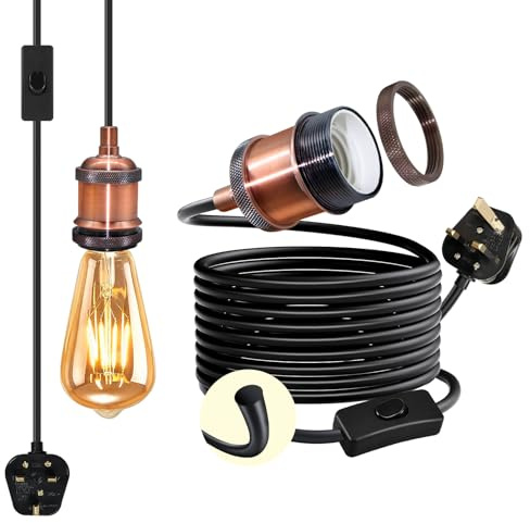 Vintage Brass Plug in Pendant Light Fitting, 5 M Black Thicken Round Cable Extension Hanging Lamp with On/Off Switch and UK Plug, Red Copper E27 Light Bulb Holder, Industrial Lamp Kit for Loft Bar
