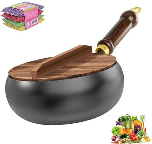 Clgorm Japanische Eisenpfanne Mit Holzdeckel Geschmiedet, Eisenpfanne Geschmiedet Biennll Eisenpfanne Mit Warmhaltefunktion for Induktionsherd, Gasherd (24cm)