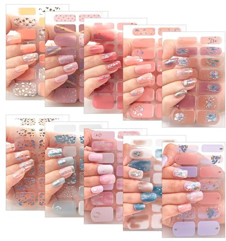 Zasjon pegatinas para esmaltes, 140 piezas 10 hojas envolturas de uñas etiquetas para esmaltes semipermanente envolturas completas pegatinas para mujeres niñas diseños uñas (C)