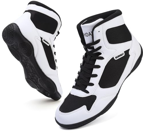 Bravover Scarpe da wrestling High Top Pro Wrestling & Boxe, per uomo e donna, Nero e bianco, 42.5 EU