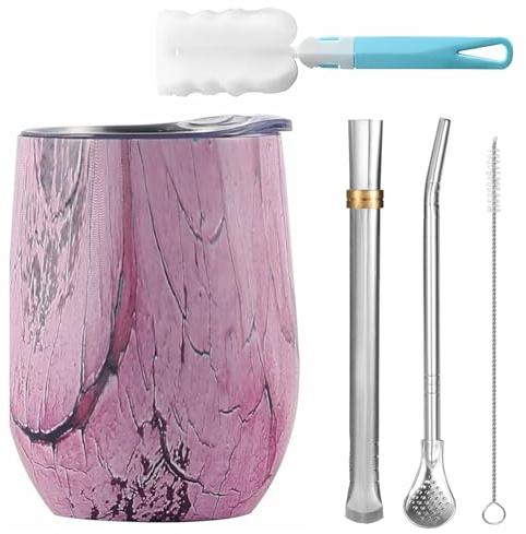 Stainless Steel Mate Mug, 360 ml Mate Mug Set, Mate Tea Cup, Reusable Modern Mate Mug, with Cleaning Brush and Mate Straw, for Cold and Hot Drinks (Purple Grain)